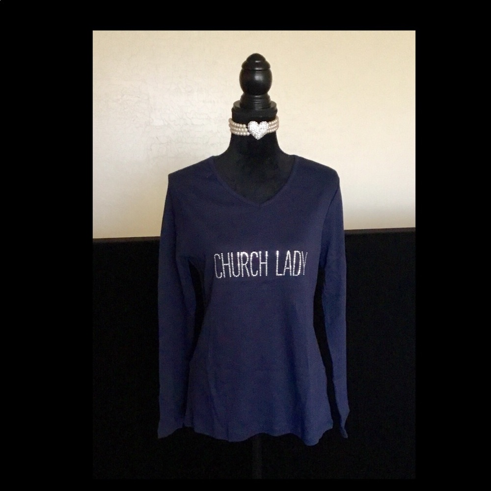 Women's Navy V-Neck Long Slv Church Lady Tee sz L